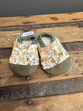 Soft Floral Baby Moccasins in Olive and Mustard - Cozy Walker Shoes